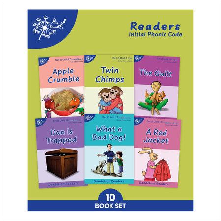 Phonic Books Dandelion Readers Set 2 Units 11-20 Twin Chimps (Two Letter Spellings sh, ch, th, ng, qu, wh, -ed, -ing, -le) Boxed Set by Phonic Books